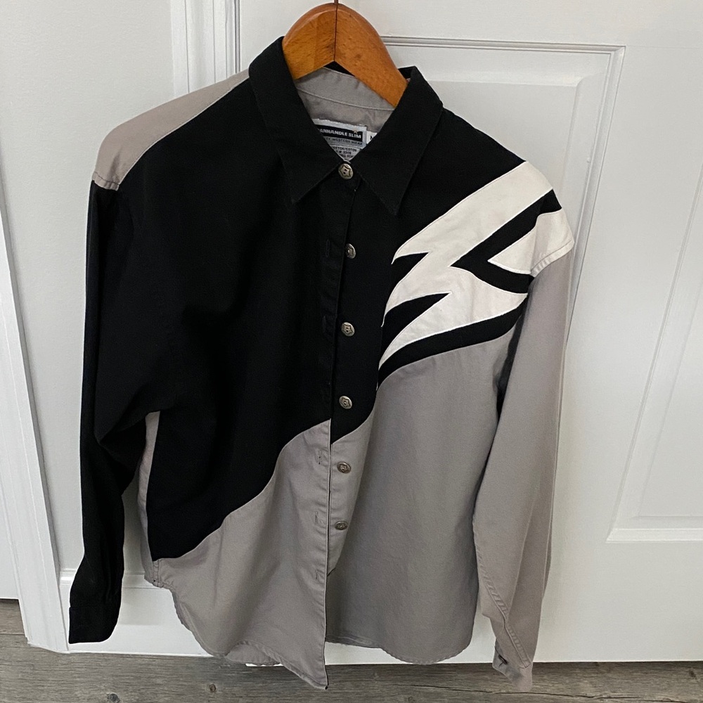 Vintage Women’s Western Panhandle Slim Black, Gray and White Button Down Shirt M